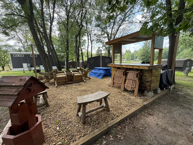 an outdoor space with furniture