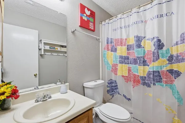 a bathroom with a sink toilet and shower curtain