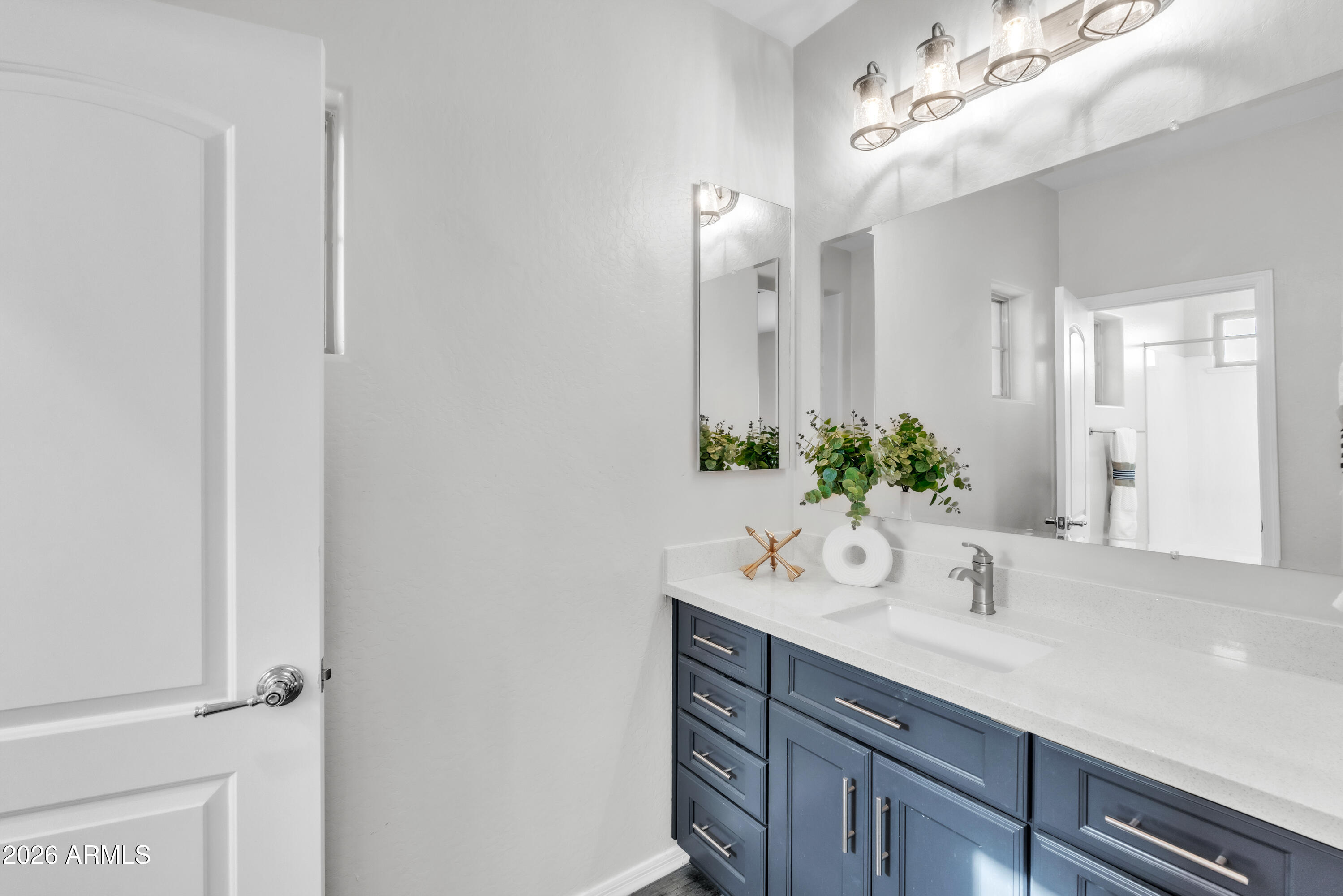 1615 West Red Fox Road Phoenix, AZ 85085 - Photo 37 of 64 a bathroom with a sink a potted plant and a mirror