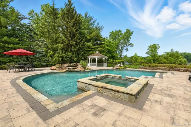 a view of a backyard with swimming pool and furniture