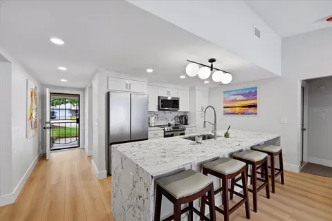 a view of a dining room with furniture