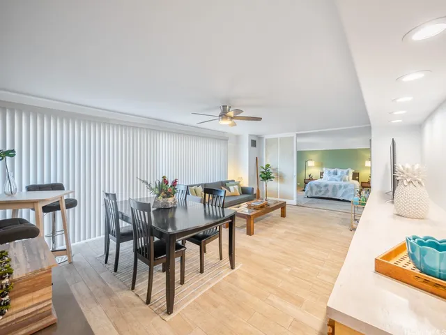 a view of a dining room with furniture