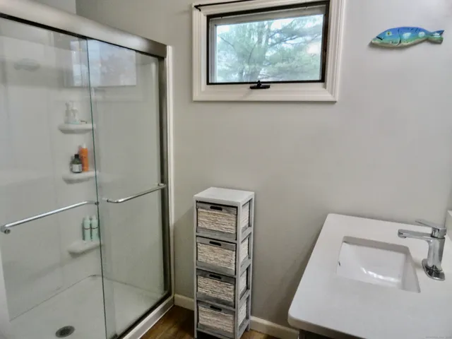 a bathroom with a shower and a sink
