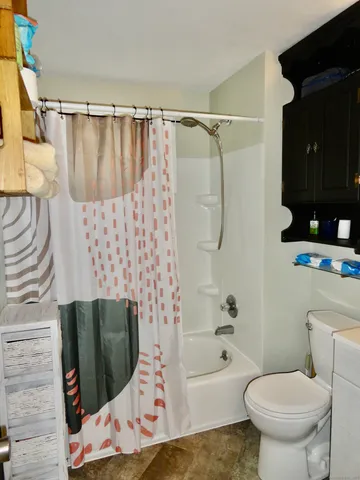 a bathroom with a toilet and a shower