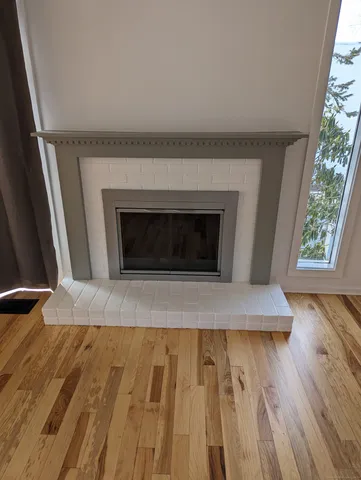a living room with a fireplace