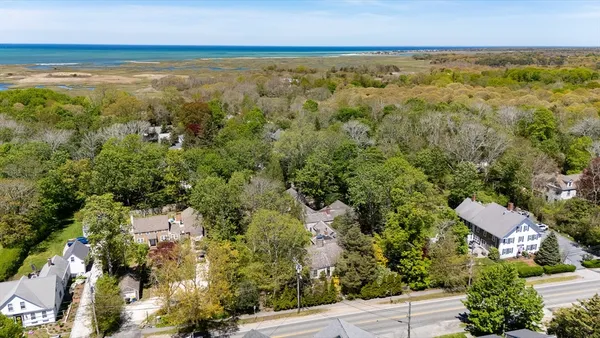 an aerial view of residential houses with outdoor space and trees