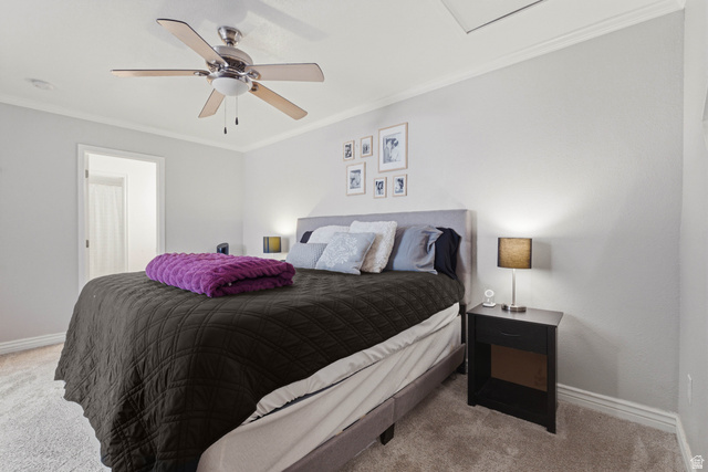 282 West 960 South, Unit C Provo, UT 84601 - Photo 11 of 33 Carpeted bedroom featuring ornamental molding and ceiling fan