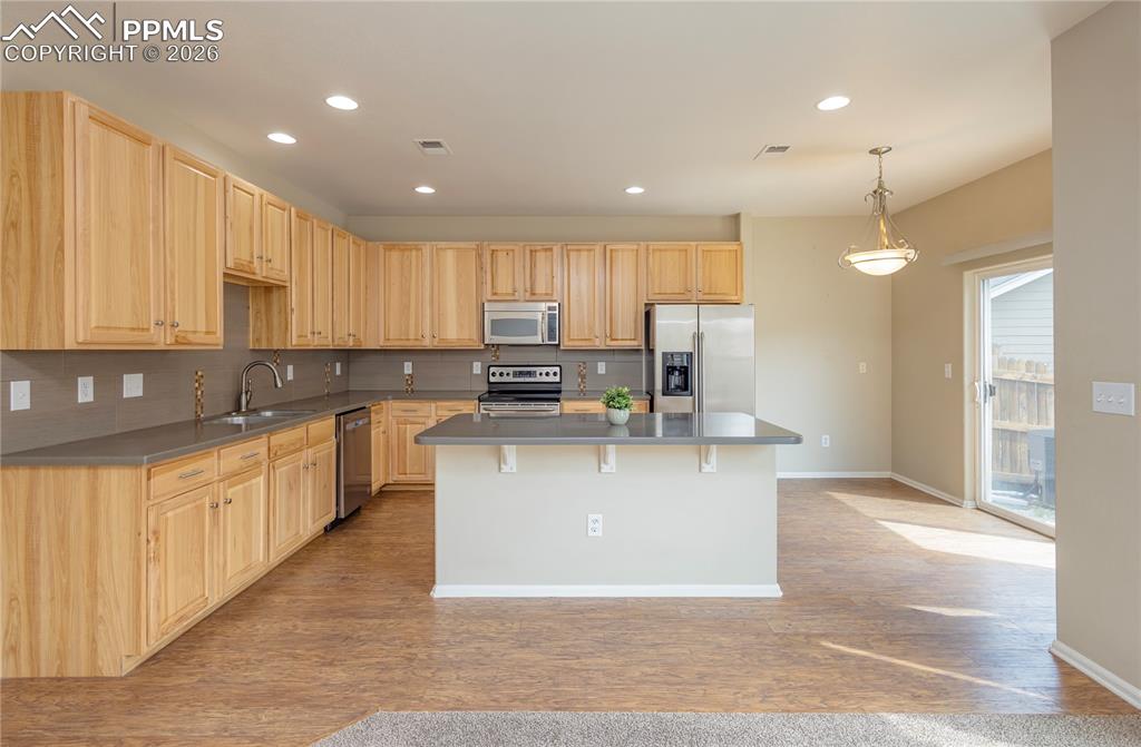 4815 Harrier Ridge Drive Colorado Springs, CO 80916 - Photo 29 of 33 Kitchen with light wood finish cabinetry, stainless steel appliances, and tasteful backsplash