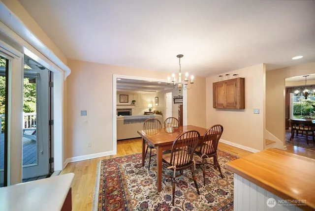 a view of a dining room with furniture