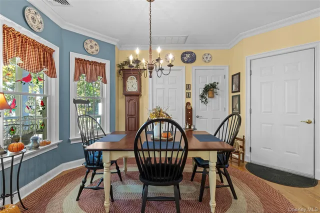 a view of a dining room with furniture window and outside view