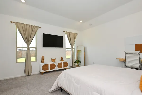 a bedroom with bed and tv