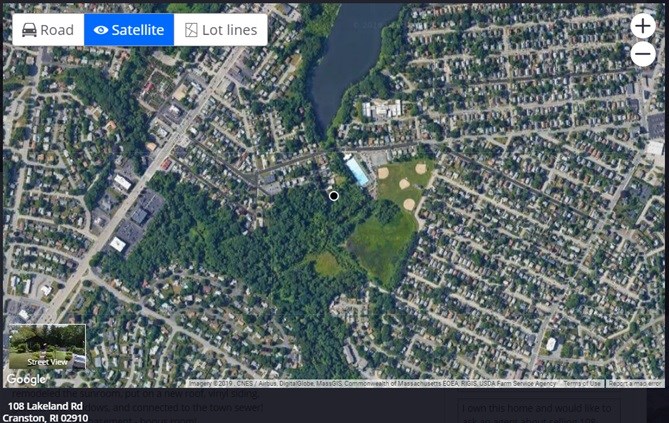 108 Lakeland Road Cranston, RI 02910 - Photo 29 of 31 AERIAL VIEW WITH BLACKAMORE POND. (Black dot is the house)