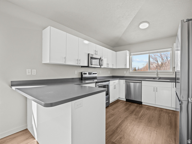 64 West 600 South, Unit C301 Springville, UT 84663 - Photo 12 of 40 Kitchen featuring white cabinets, stainless steel appliances, dark wood-type flooring, a peninsula, and dark countertops