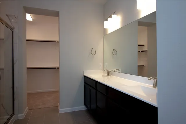 a bathroom with a sink a mirror and a shower