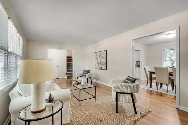 a view of a dining room with furniture