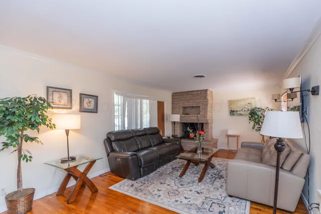 a living room with furniture wooden floor and a potted plant