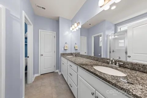 a bathroom with a granite countertop double vanity sink a mirror and a shower