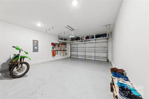 a view of a garage with storage