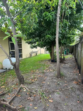 a view of a backyard with large trees and a small barn