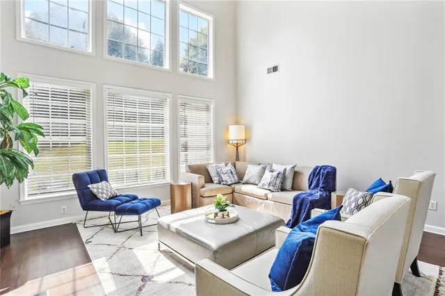 a living room with furniture and a potted plant