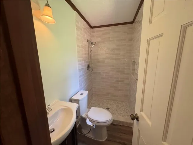 a bathroom with a toilet and a shower