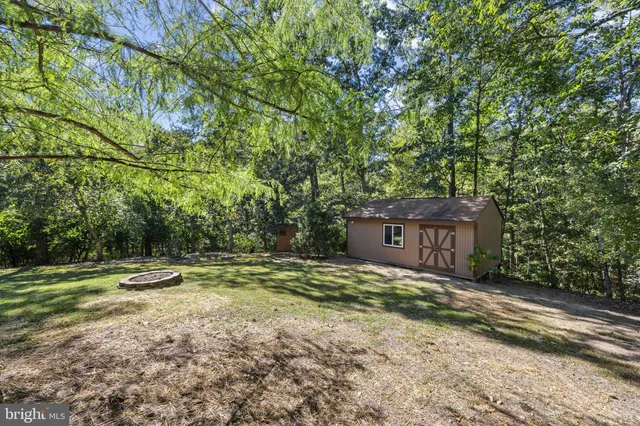 a view of a yard with large trees