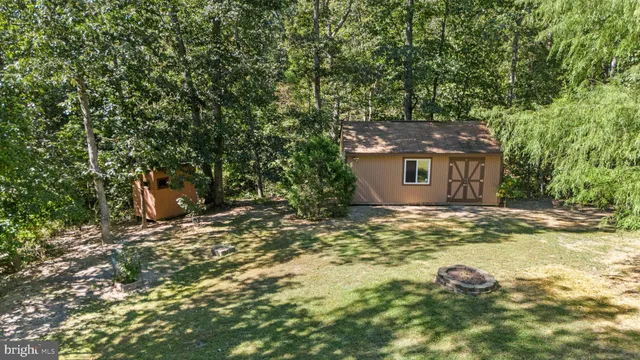 a view of a yard with large trees