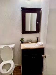 a bathroom with a toilet sink and mirror