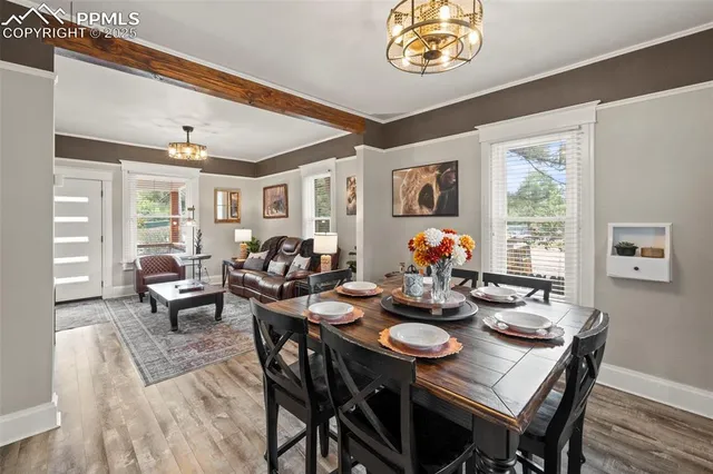 a view of a dining room with furniture window and outside view