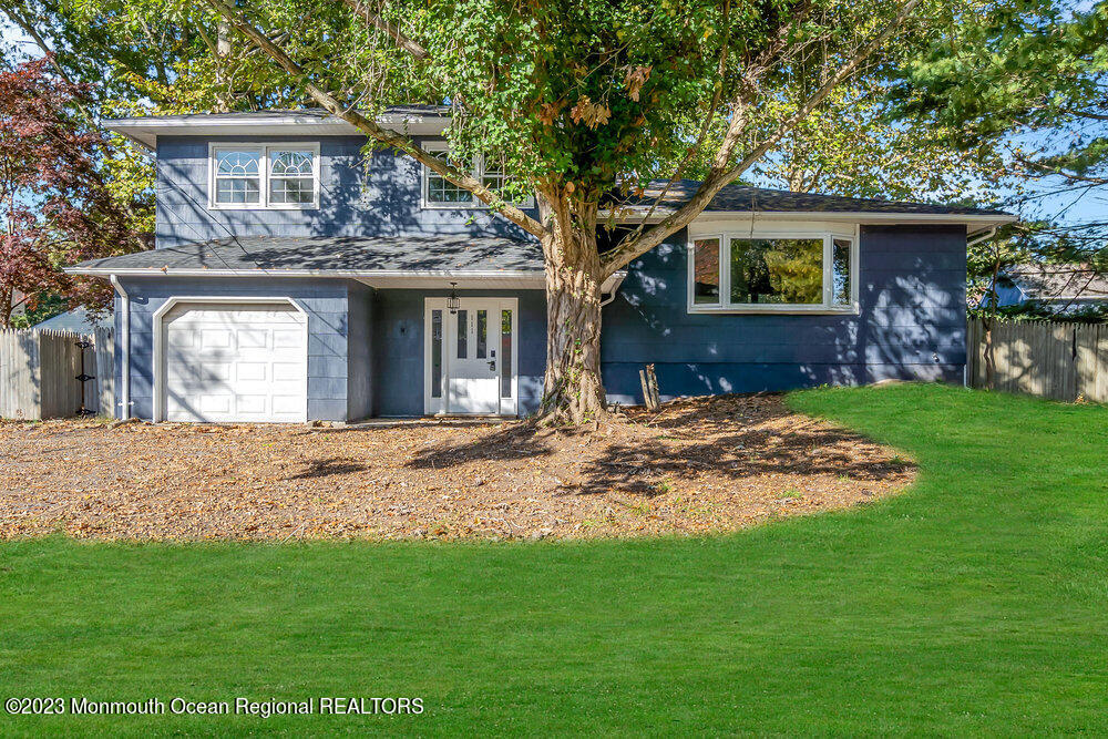 a view of a yard in front of a house with plants and large tree
