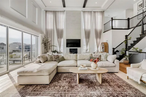 a living room with furniture potted plant and a fireplace