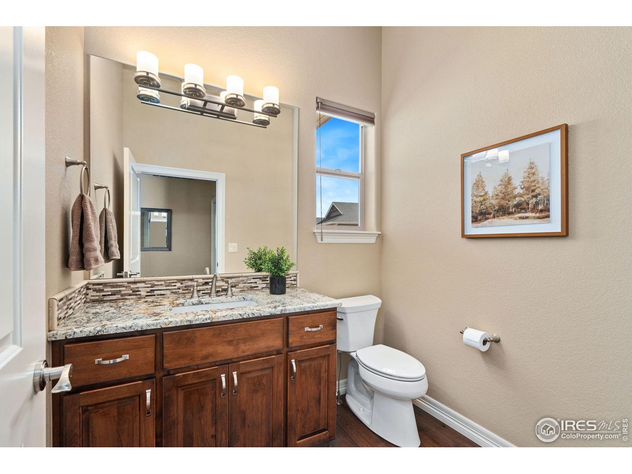 6740 Olympia Fields Court Windsor, CO 80550 - Photo 18 of 28 a bathroom with a granite countertop toilet a sink and a mirror