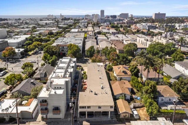 an aerial view of residential houses with city view