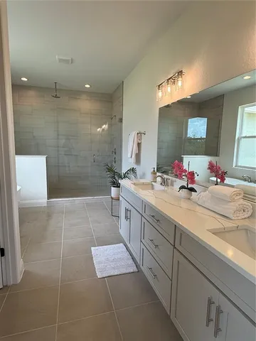 a bathroom with a double vanity sink mirror and shower