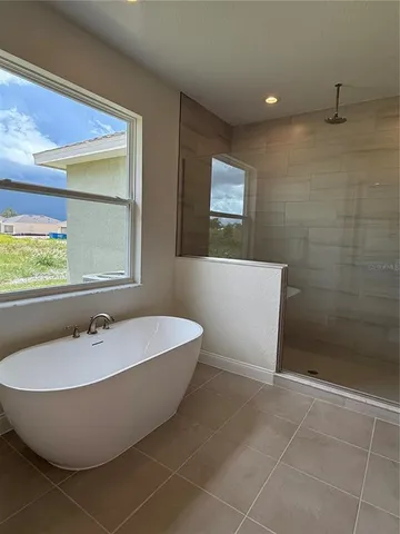 a bathroom with a bathtub and shower