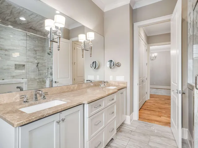 a view of a balcony with wooden floor