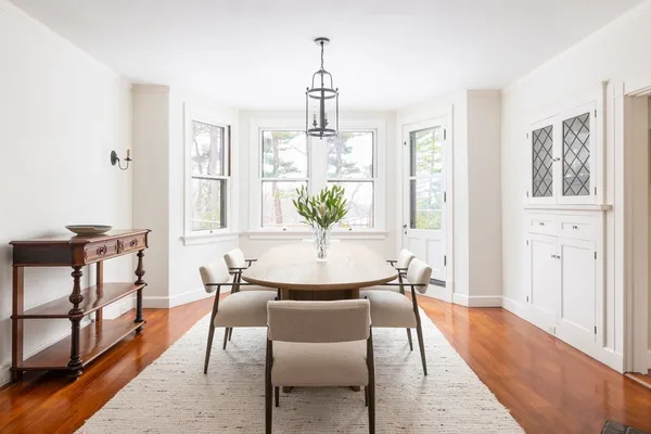 a view of a dining room with furniture and wooden floor
