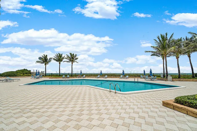 a view of swimming pool is middle in the garden