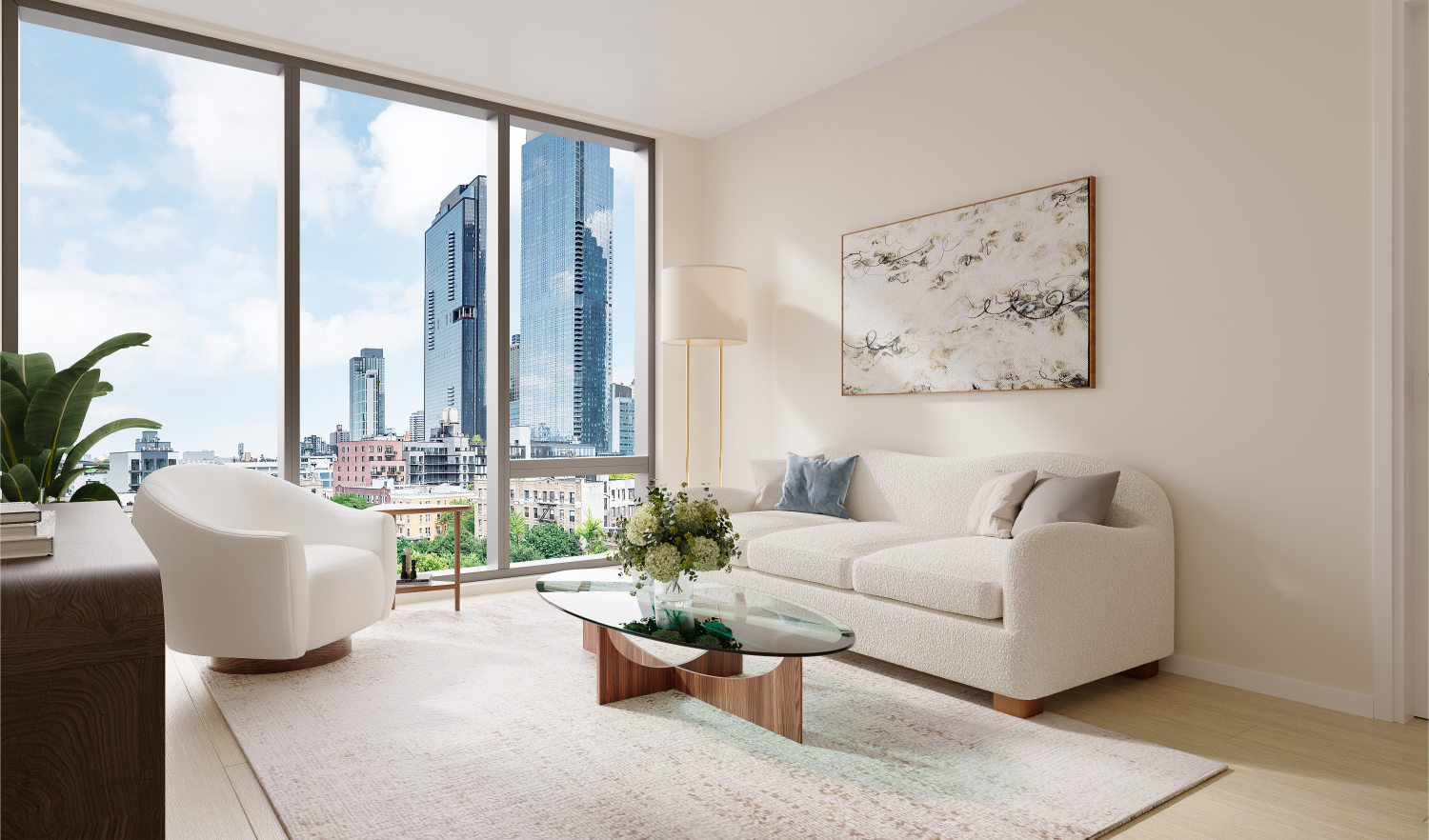 11-36 45th Road, Unit 405A Queens, NY 11101 - Photo 2 of 12 a living room with furniture and large windows