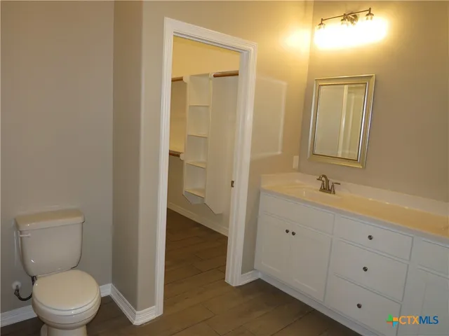 a bathroom with a toilet a sink a mirror and vanity
