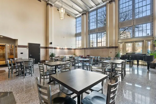 a view of a dining room with furniture