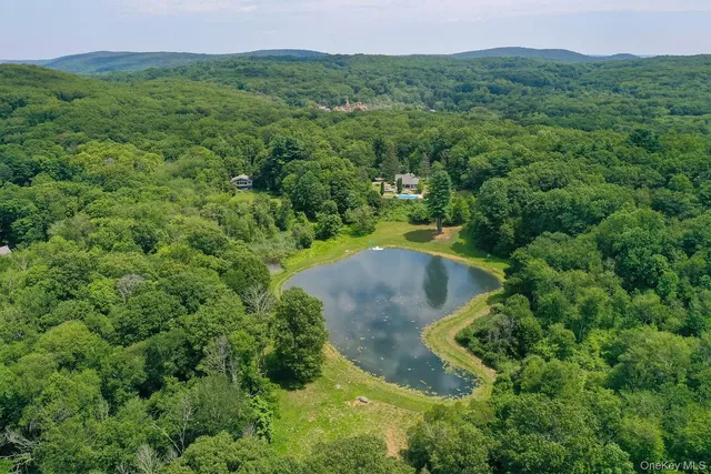 an aerial view of a residential houses with outdoor space and trees all around