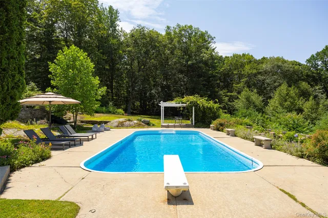 a view of a swimming pool with a patio