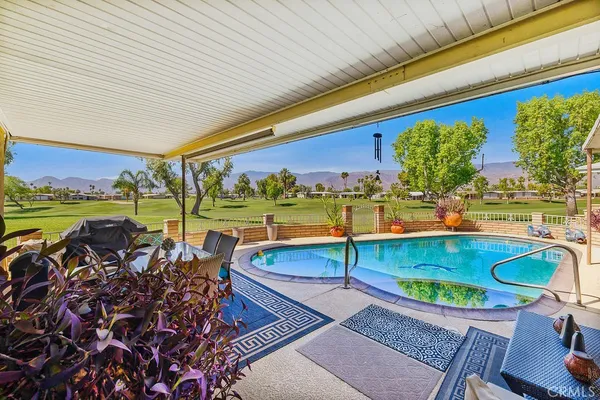 an outdoor space with seating