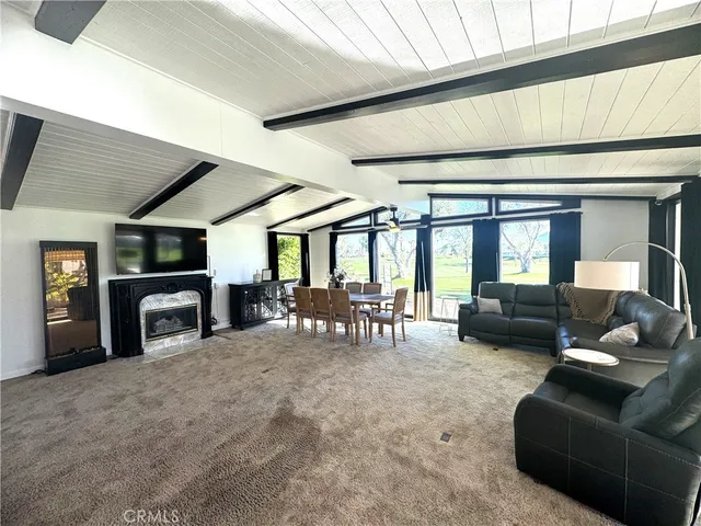 a living room with furniture a fireplace and a floor to ceiling window