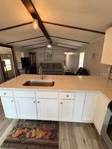 a view of a sink and dishwasher with wooden floor