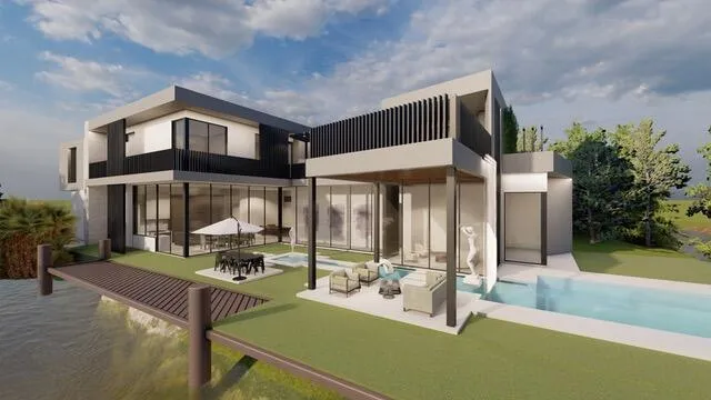 a view of a brick house with potted plants