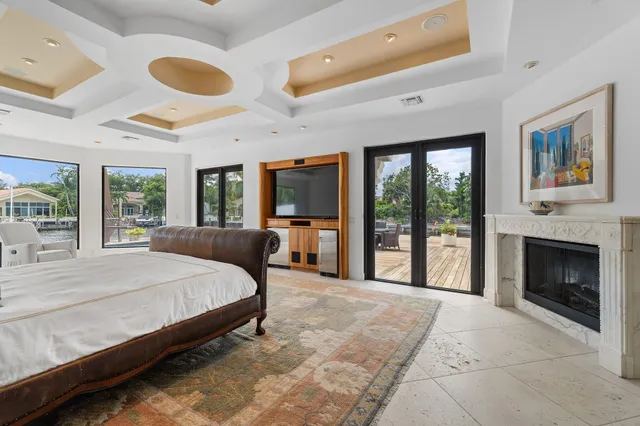 an aerial view of city and lake