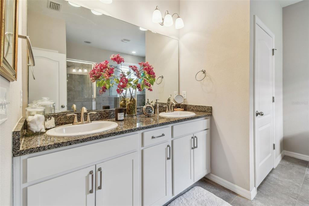 6467 Seasound Drive Apollo Beach, FL 33572 - Photo 44 of 81 a bathroom with a granite countertop double vanity sink a mirror and a shower