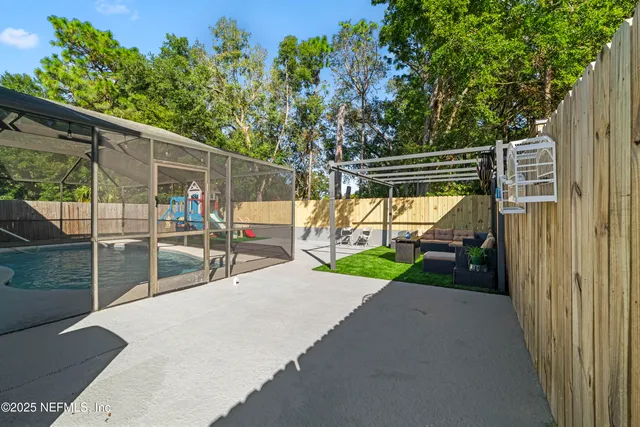 an outdoor space with seating